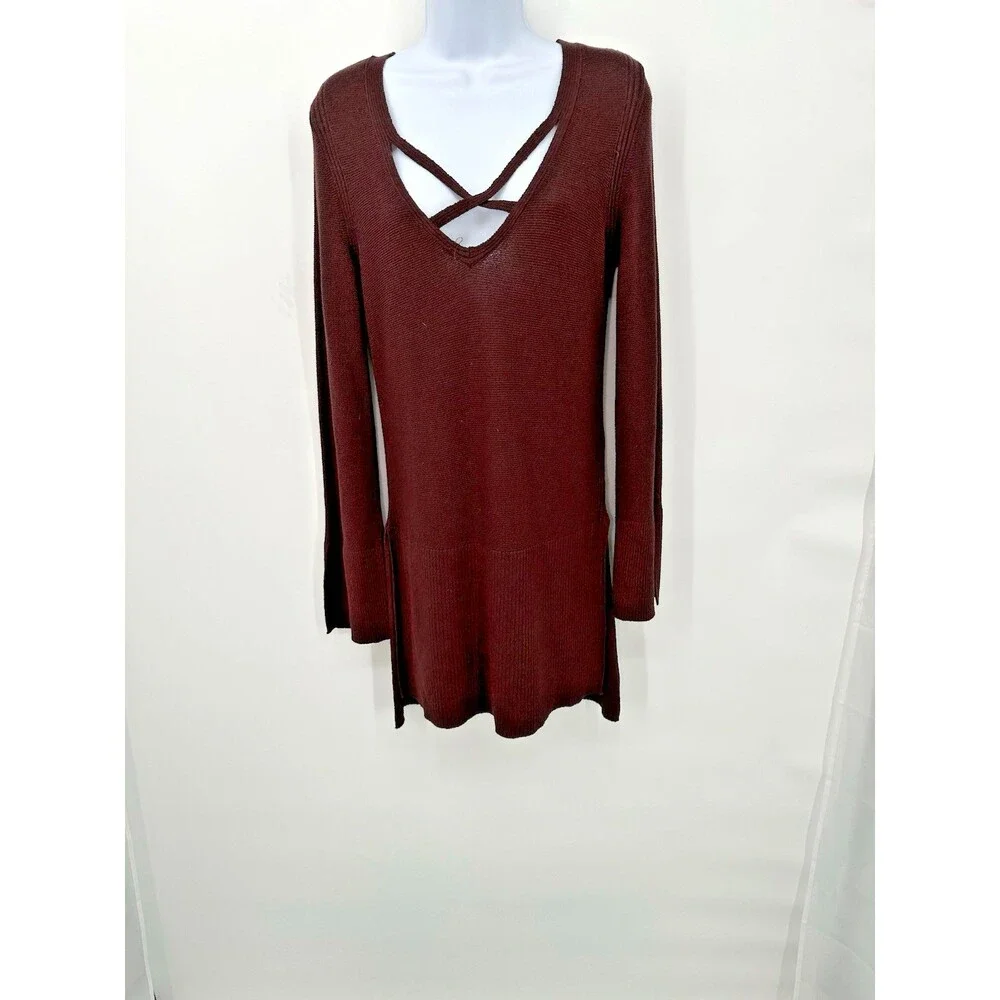 FREE PEOPLE ‎ Brown Cross V Neck, Bell/Long Sleeve Tunic Vented Sweater Size S/P